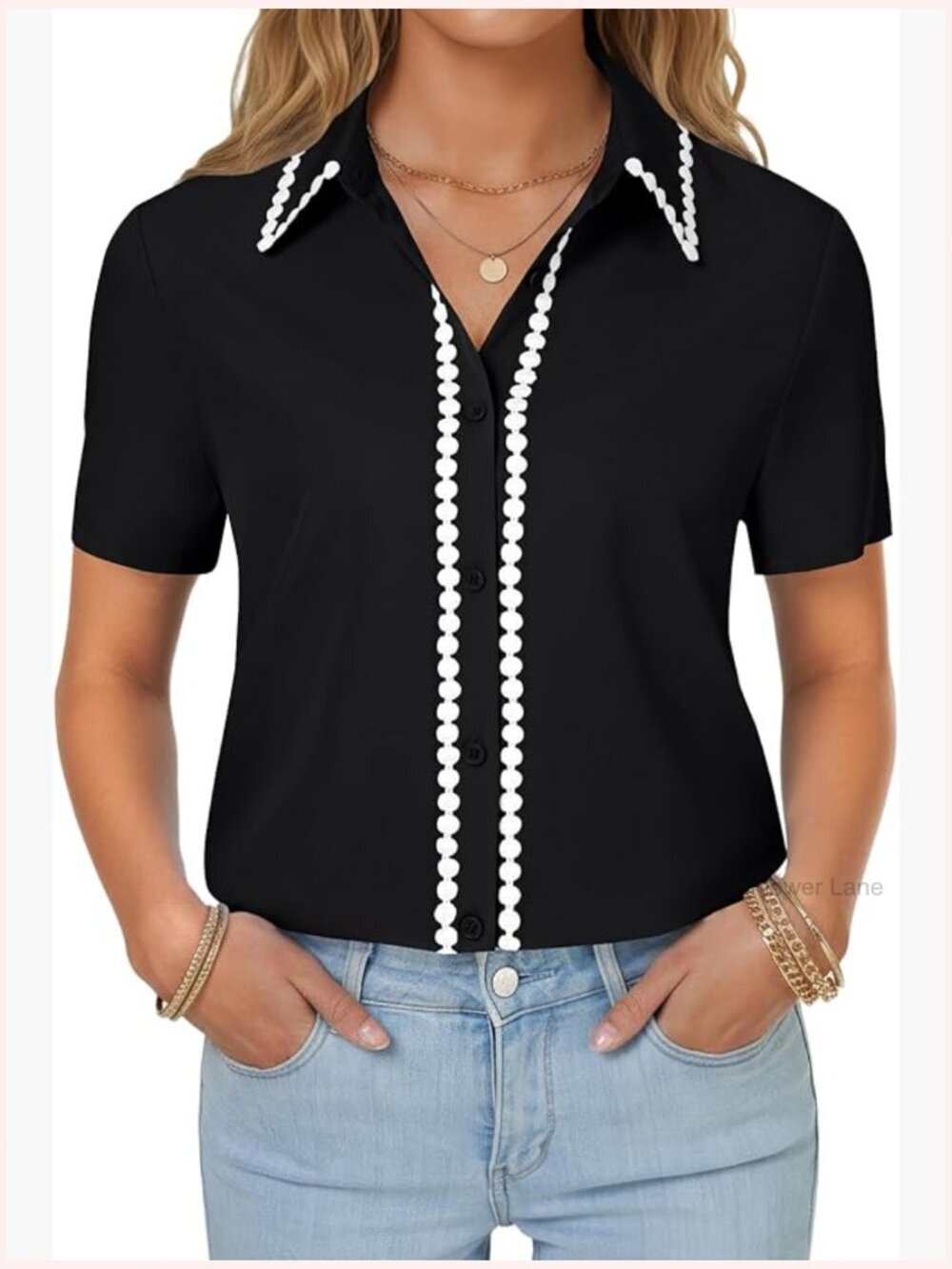 Women's Short Sleeve Blouse V-Neck Button Down Shirt Wavy Lace Trim Business